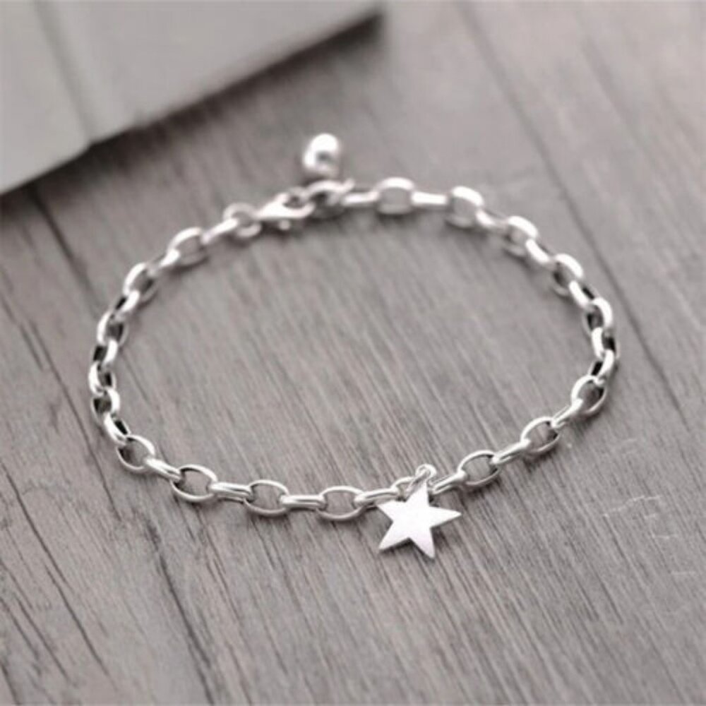 925 Sterling Silver Vintage Star Pendant Chain Bracelet 7 '' long lobster lock
